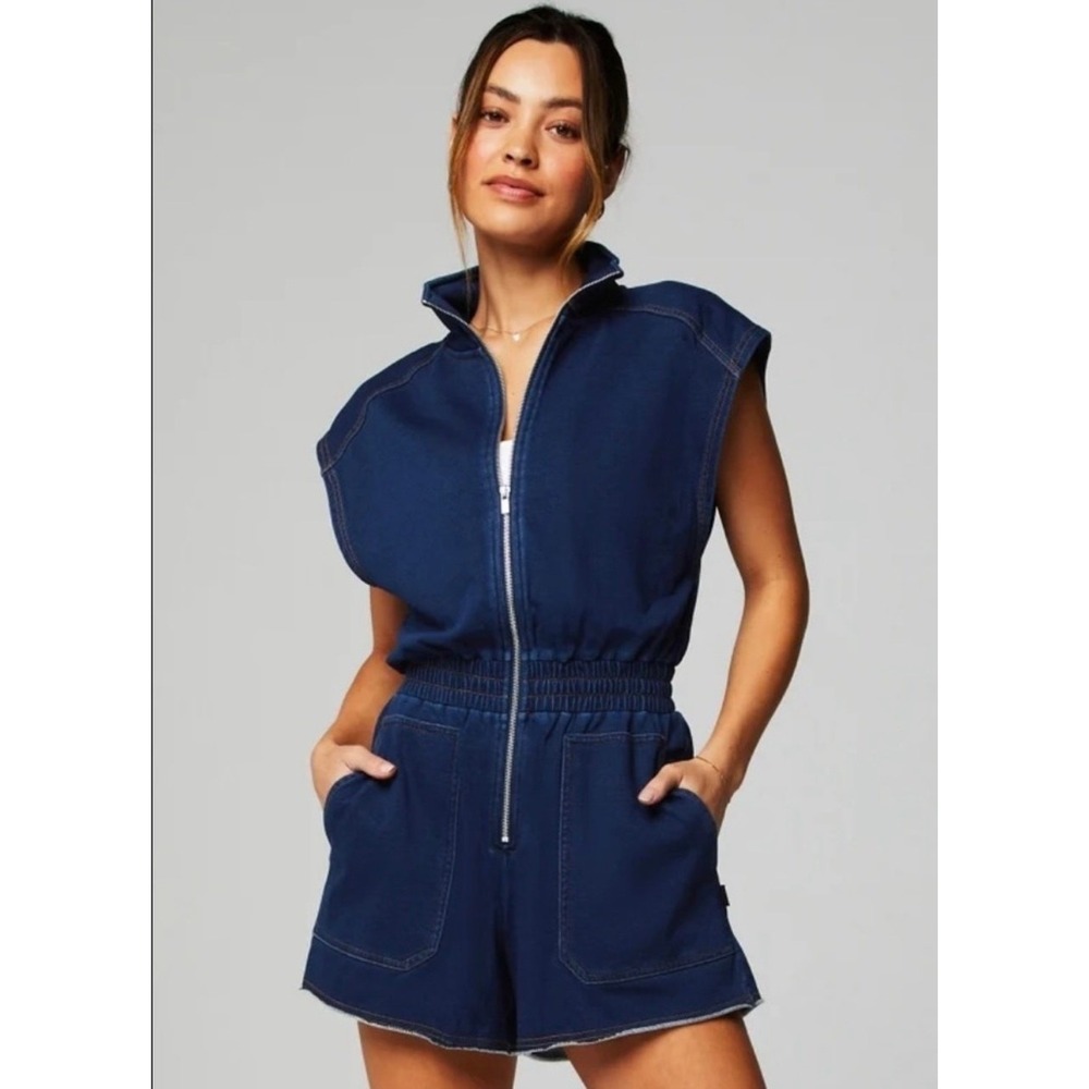 Fabletics Denim Look Romper Women Medium Blue Zip Front Sleeveless Summer Preppy